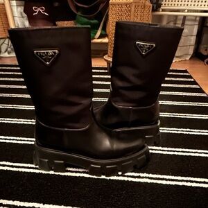 Prada Black Leather and Nylon Monolith Boots